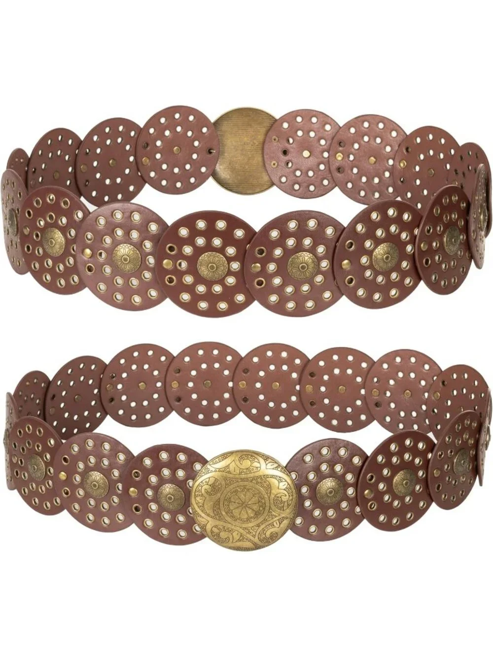 Women Brown & Gold Wide Western Disc Belt Cowgirl Boho-Concho Leather Belt